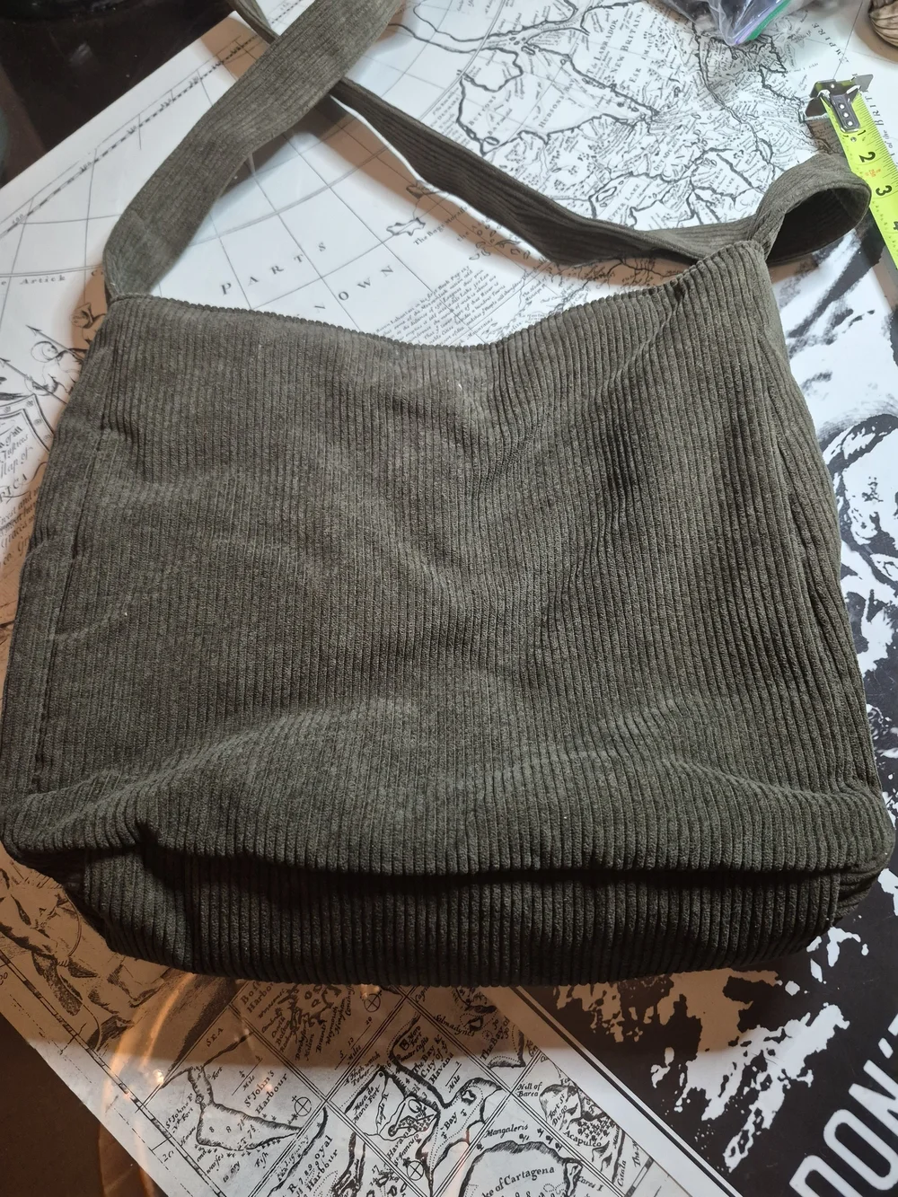 Corduroy Crossbody Bag with Mushroom Patch - Olive Green